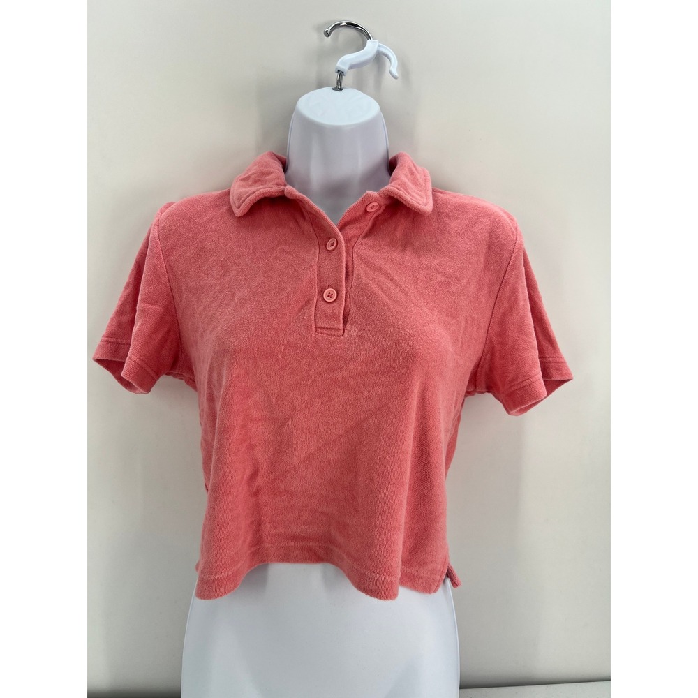 Hammies Womens Pink Terry Cloth Cropped Polo Shirt Short Sleeve Size Large Retro